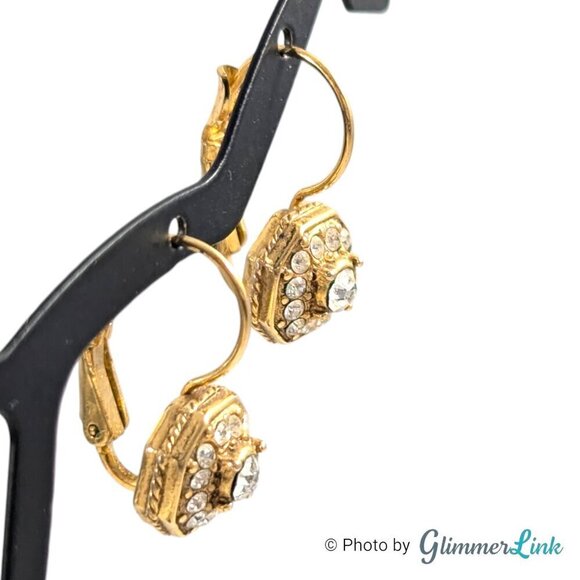 Octagonal Clear Rhinestone Leverback Gold Tone Drop Earrings - Picture 3 of 11